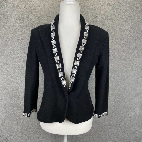 CAbi Sweaters - CAbi Womens Jacket Sweater Embellished Crystal Beaded Trim Black Silver Small